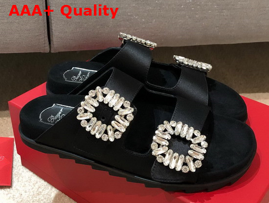 Roger Vivier Slidy Viv Strass Buckle Mules in Black Silk Satin Replica