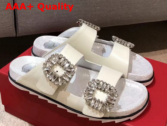 Roger Vivier Slidy Viv Strass Buckle Mules in Off White Leather Replica