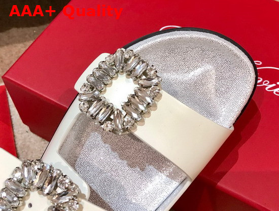 Roger Vivier Slidy Viv Strass Buckle Mules in Off White Leather Replica