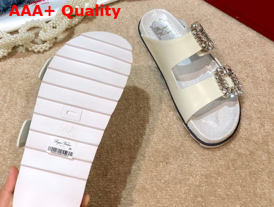 Roger Vivier Slidy Viv Strass Buckle Mules in Off White Leather Replica