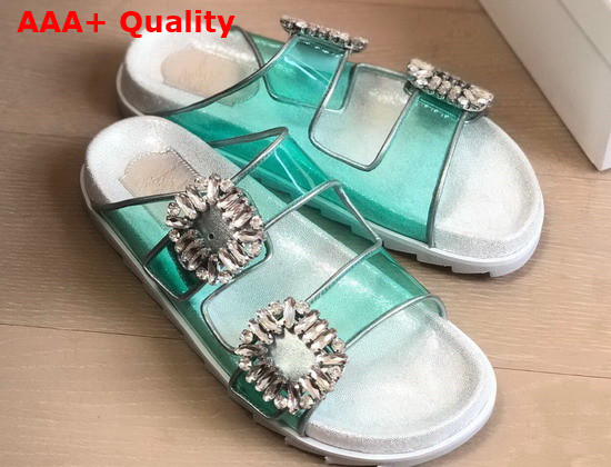 Roger Vivier Slidy Viv Strass Buckle Mules in PVC Green Replica