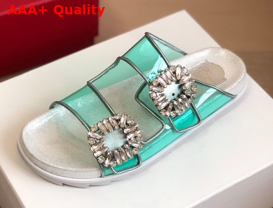 Roger Vivier Slidy Viv Strass Buckle Mules in PVC Green Replica