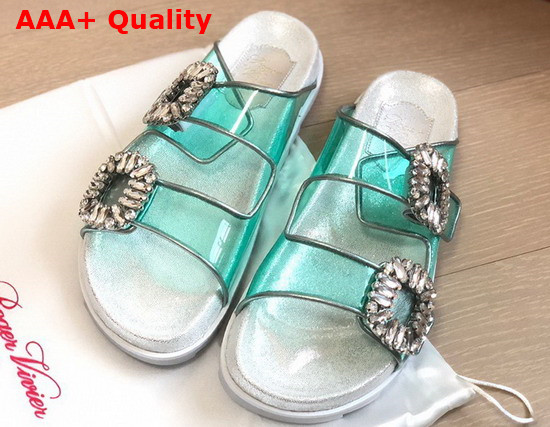 Roger Vivier Slidy Viv Strass Buckle Mules in PVC Green Replica