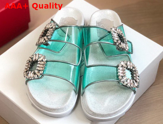 Roger Vivier Slidy Viv Strass Buckle Mules in PVC Green Replica