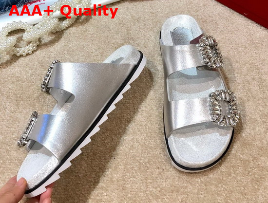 Roger Vivier Slidy Viv Strass Buckle Mules in Silver Leather Replica