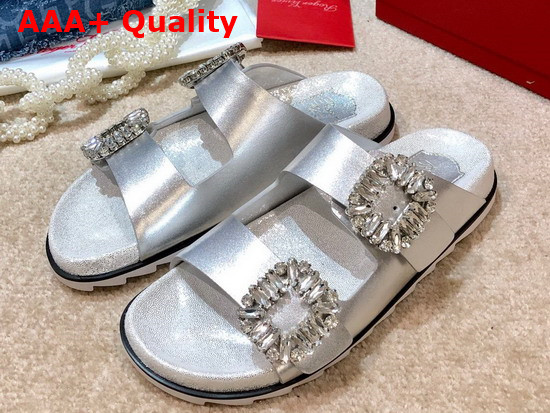 Roger Vivier Slidy Viv Strass Buckle Mules in Silver Leather Replica