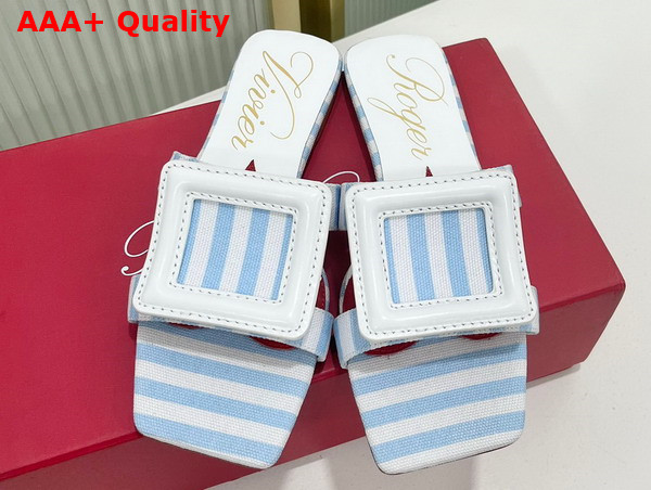 Roger Vivier Stitching Buckle Mules in Fabric White and Light Blue Replica