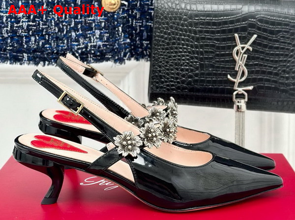 Roger Vivier Virgule Flower Slingback Pumps in Black Patent Leather Replica