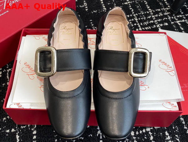 Roger Vivier Viv Choc Metal Buckle Babies Ballerinas in Black Leather Replica