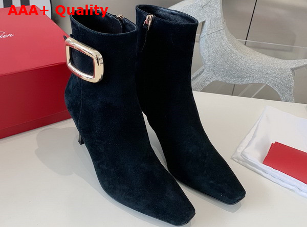 Roger Vivier Viv Choc Metal Buckle Booties in Suede Black Replica