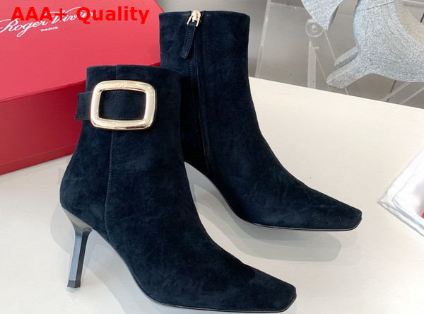 Roger Vivier Viv Choc Metal Buckle Booties in Suede Black Replica