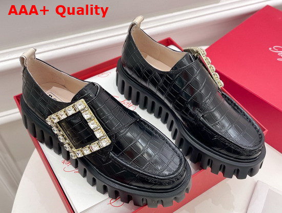 Roger Vivier Viv Go Thick Strass Buckle Loafers in Black Crocodile Embossed Calfskin Replica