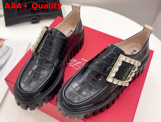 Roger Vivier Viv Go Thick Strass Buckle Loafers in Black Crocodile Embossed Calfskin Replica