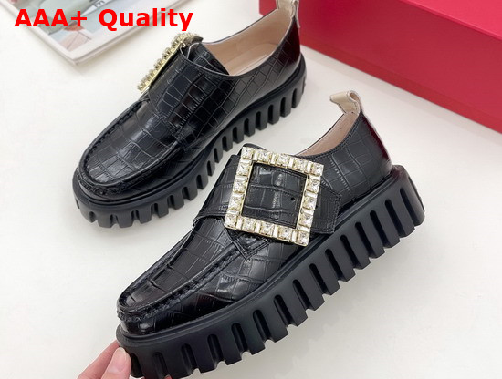 Roger Vivier Viv Go Thick Strass Buckle Loafers in Black Crocodile Embossed Calfskin Replica