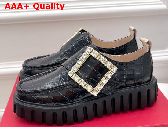 Roger Vivier Viv Go Thick Strass Buckle Loafers in Black Crocodile Embossed Calfskin Replica