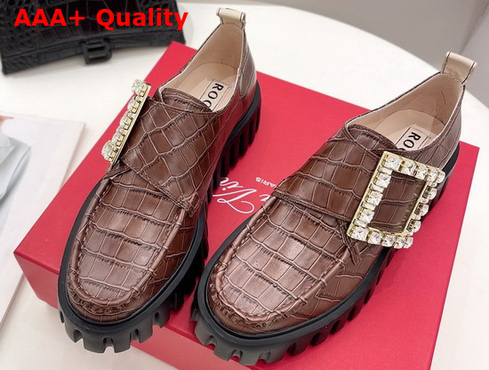 Roger Vivier Viv Go Thick Strass Buckle Loafers in Brown Crocodile Embossed Calfskin Replica