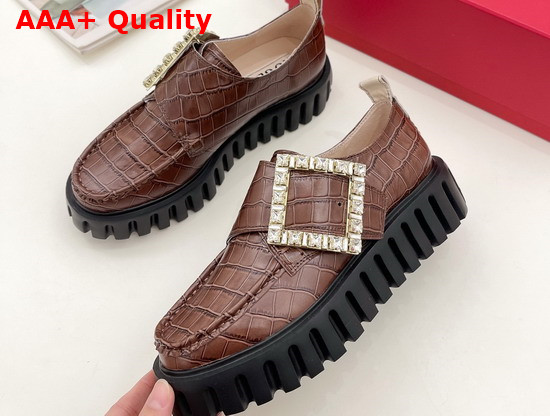 Roger Vivier Viv Go Thick Strass Buckle Loafers in Brown Crocodile Embossed Calfskin Replica