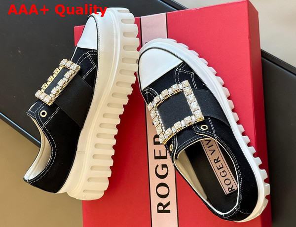 Roger Vivier Viv Go Thick Strass Buckle Slip on Sneakers in Denim Black and White Replica