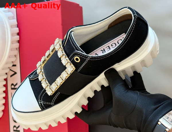 Roger Vivier Viv Go Thick Strass Buckle Slip on Sneakers in Denim Black and White Replica