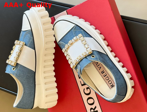 Roger Vivier Viv Go Thick Strass Buckle Slip on Sneakers in Denim Light Blue White Black Replica