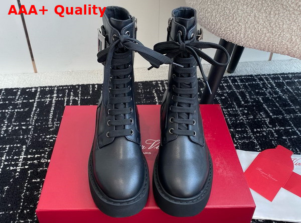 Roger Vivier Viv Ranger Combat Boots in Black Leather with Metal Buckle Replica