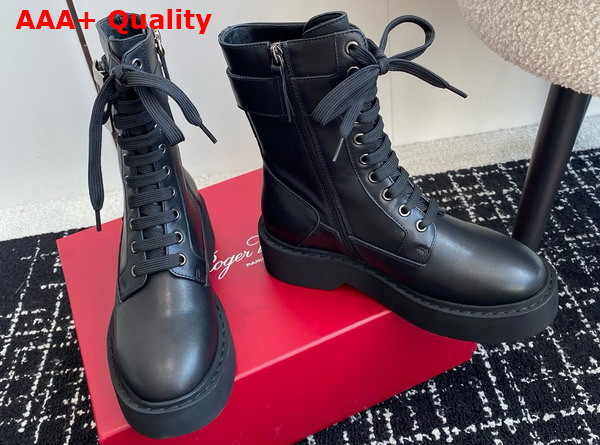 Roger Vivier Viv Ranger Combat Boots in Black Leather with Metal Buckle Replica