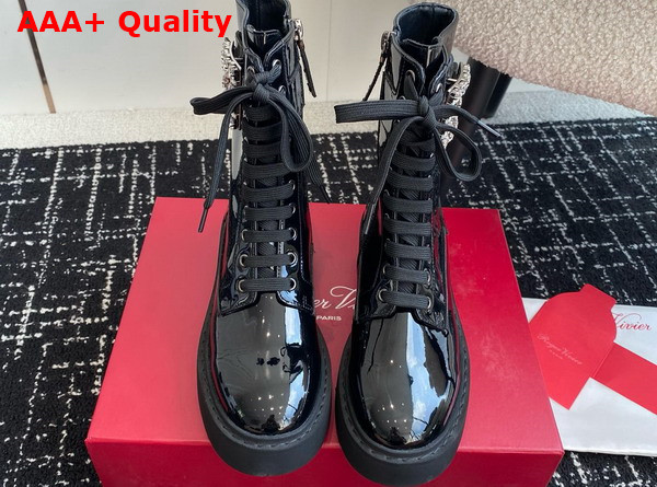 Roger Vivier Viv Ranger Combat Boots in Black Patent Leather with Crystal Buckle Replica