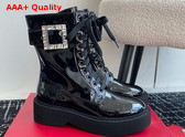 Roger Vivier Viv Ranger Combat Boots in Black Patent Leather with Crystal Buckle Replica