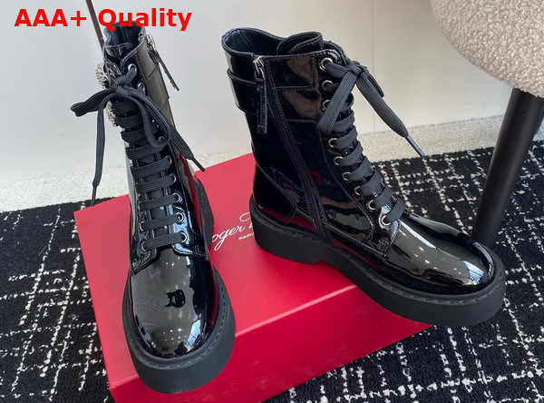 Roger Vivier Viv Ranger Combat Boots in Black Patent Leather with Crystal Buckle Replica