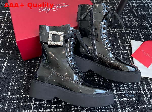 Roger Vivier Viv Ranger Combat Boots in Black Patent Leather with Crystal Buckle Replica