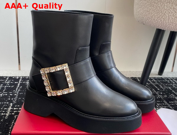 Roger Vivier Viv Rangers Biker Booties in Black Leather Crystal Buckle Replica