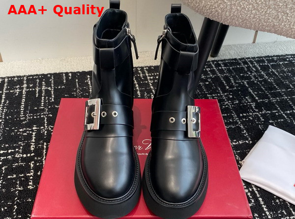 Roger Vivier Viv Rangers Biker Booties in Leather Black Replica