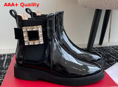 Roger Vivier Viv Rangers Chelsea Booties in Black Patent Leather with Crystal Buckle Replica