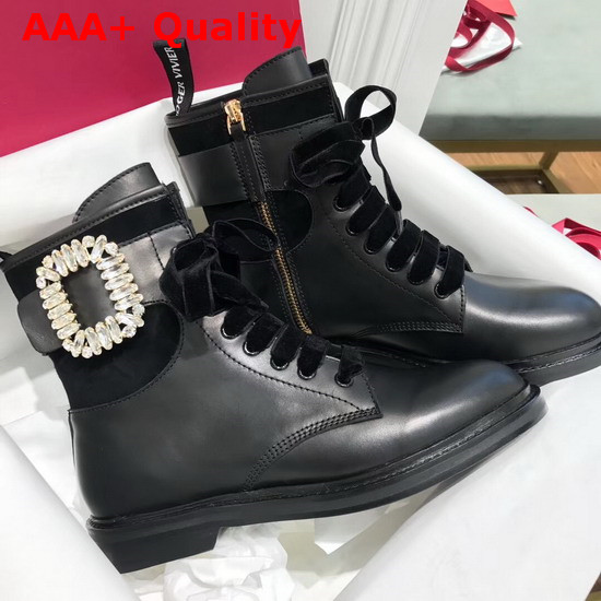 Roger Vivier Viv Rangers Strass Buckle Ankle Boots in Black Leather and Suede Upper Replica