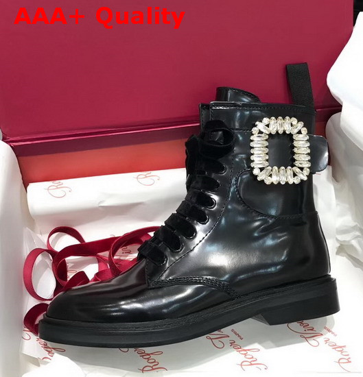 Roger Vivier Viv Rangers Strass Buckle Ankle Boots in Black Patent Leather Replica