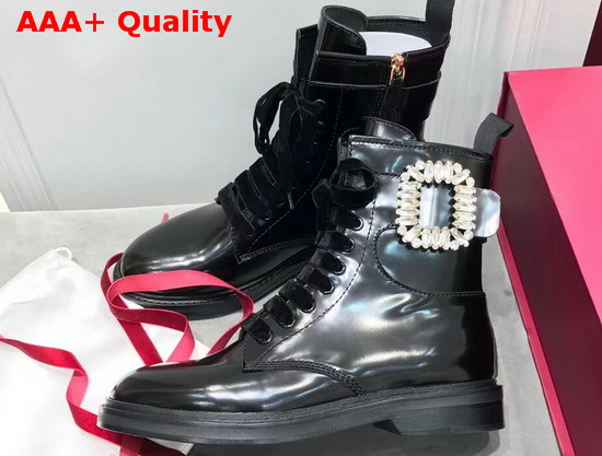 Roger Vivier Viv Rangers Strass Buckle Ankle Boots in Black Patent Leather Replica