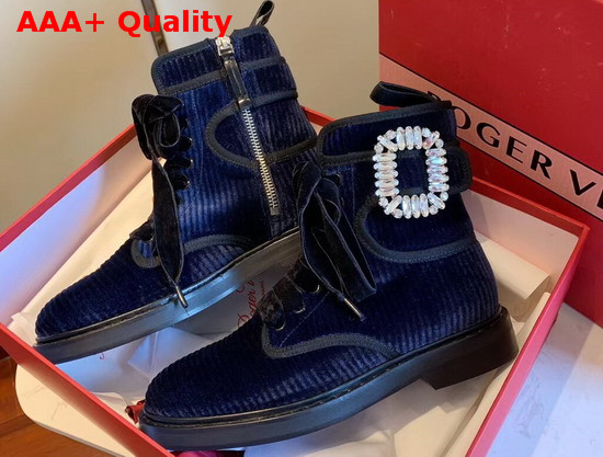 Roger Vivier Viv Rangers Strass Buckle Ankle Boots in Blue Corduroy Replica