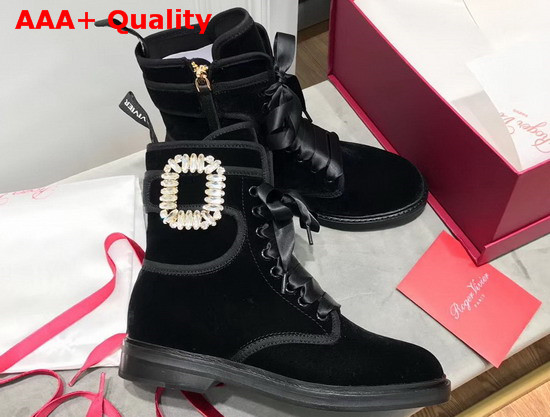 Roger Vivier Viv Rangers Strass Buckle Fabric Ankle Boots in Black Replica