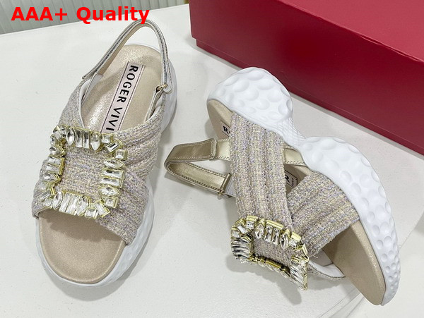 Roger Vivier Viv Run Light Strass Buckle Sandals in Beige Wool Replica