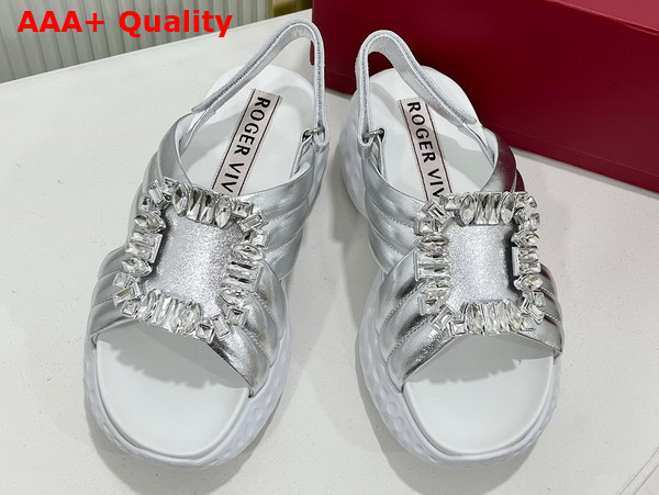 Roger Vivier Viv Run Light Strass Buckle Sandals in Silver Calf Leather Replica