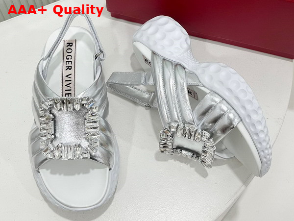 Roger Vivier Viv Run Light Strass Buckle Sandals in Silver Calf Leather Replica