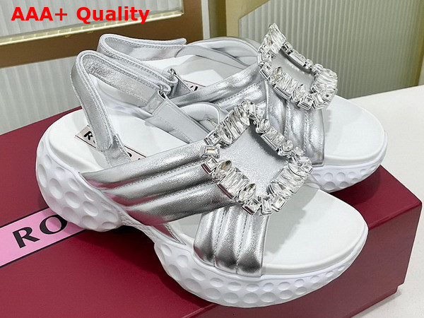 Roger Vivier Viv Run Light Strass Buckle Sandals in Silver Calf Leather Replica