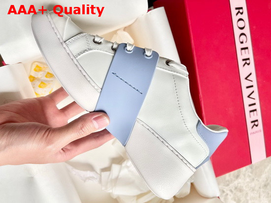 Roger Vivier Viv Skate Strass Buckle Sneakers in Soft Leather White and Light Blue Replica