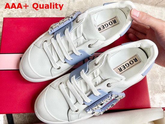 Roger Vivier Viv Skate Strass Buckle Sneakers in Soft Leather White and Light Blue Replica