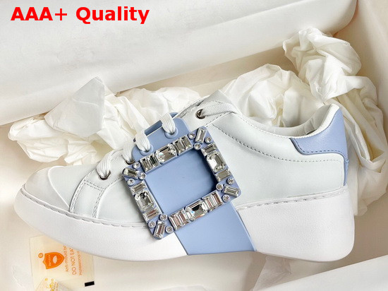 Roger Vivier Viv Skate Strass Buckle Sneakers in Soft Leather White and Light Blue Replica