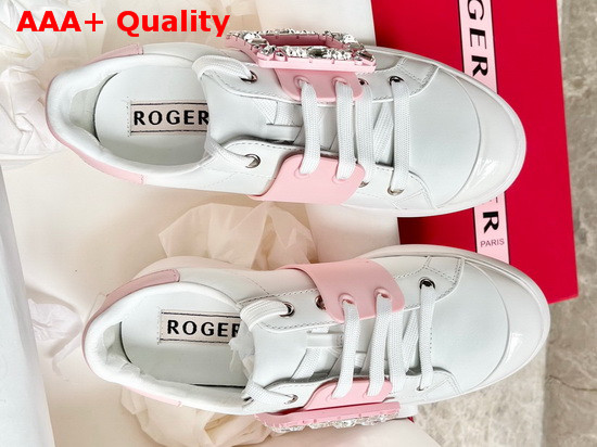 Roger Vivier Viv Skate Strass Buckle Sneakers in Soft Leather White and Pink Replica