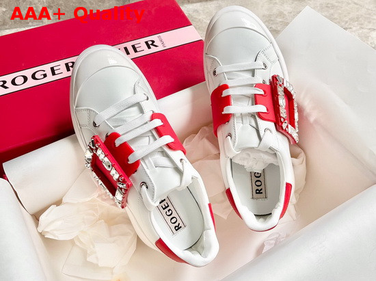 Roger Vivier Viv Skate Strass Buckle Sneakers in Soft Leather White and Red Replica