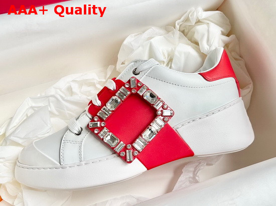 Roger Vivier Viv Skate Strass Buckle Sneakers in Soft Leather White and Red Replica