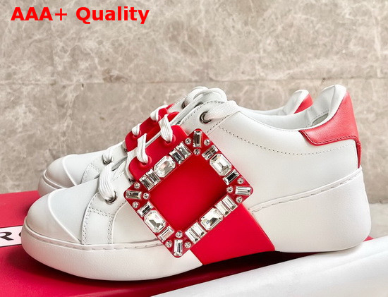 Roger Vivier Viv Skate Strass Buckle Sneakers in Soft Leather White and Red Replica