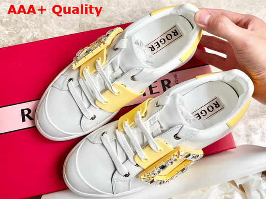 Roger Vivier Viv Skate Strass Buckle Sneakers in Soft Leather White and Yellow Replica